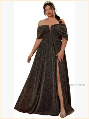 Plus Size Sparkly Off Shoulder Deep V Neck High Slit Glitter Formal Maxi Dress